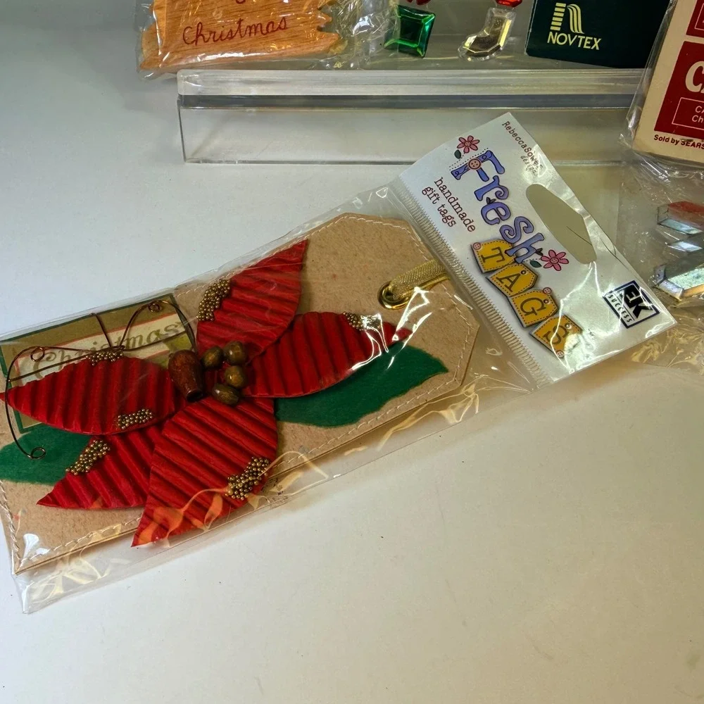 Vintage Christmas Craft Lot Sears Ornament Kmart Wood Sign Novtex Trim Gift Tags